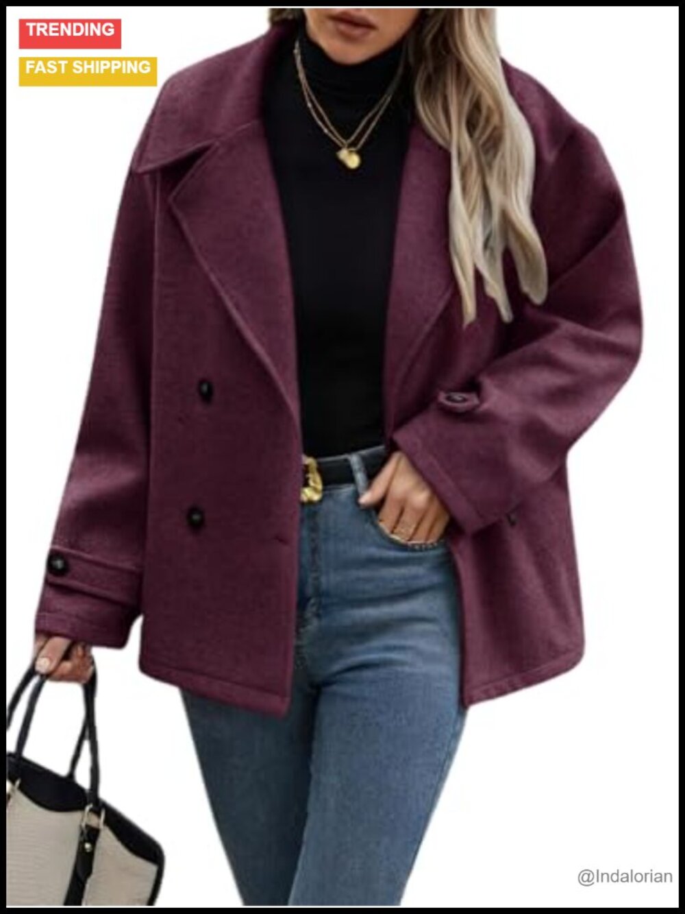 Women's Cropped Wool Blend Pea Coat Button Down Loose Fit Notch Collar